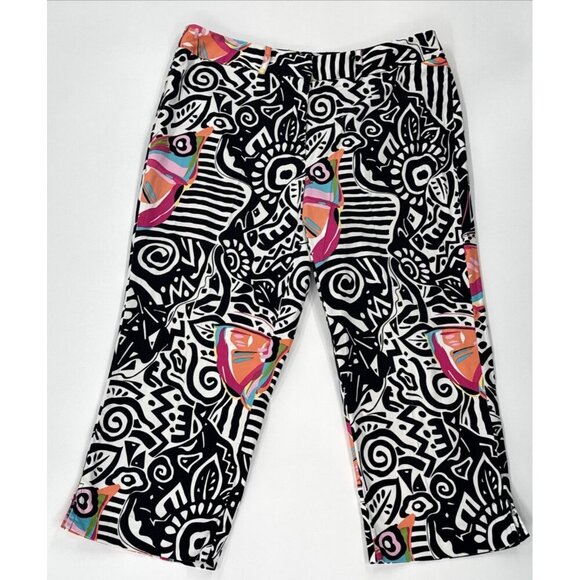 Nouveau Capri Pants Womens 12 Black Stretch Colorful Butterfly Art Geometric 90s - Picture 1 of 10
